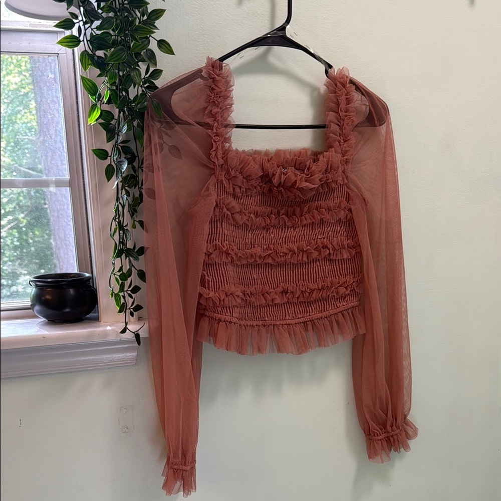 Elegant Ruffled Sheer Top in Dusty Pink